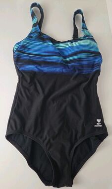 TYR DURAFAST BLUE STRIPED ONE PIECE SWIM BATHING SUIT size 10 POOL BEACH ACTIVE